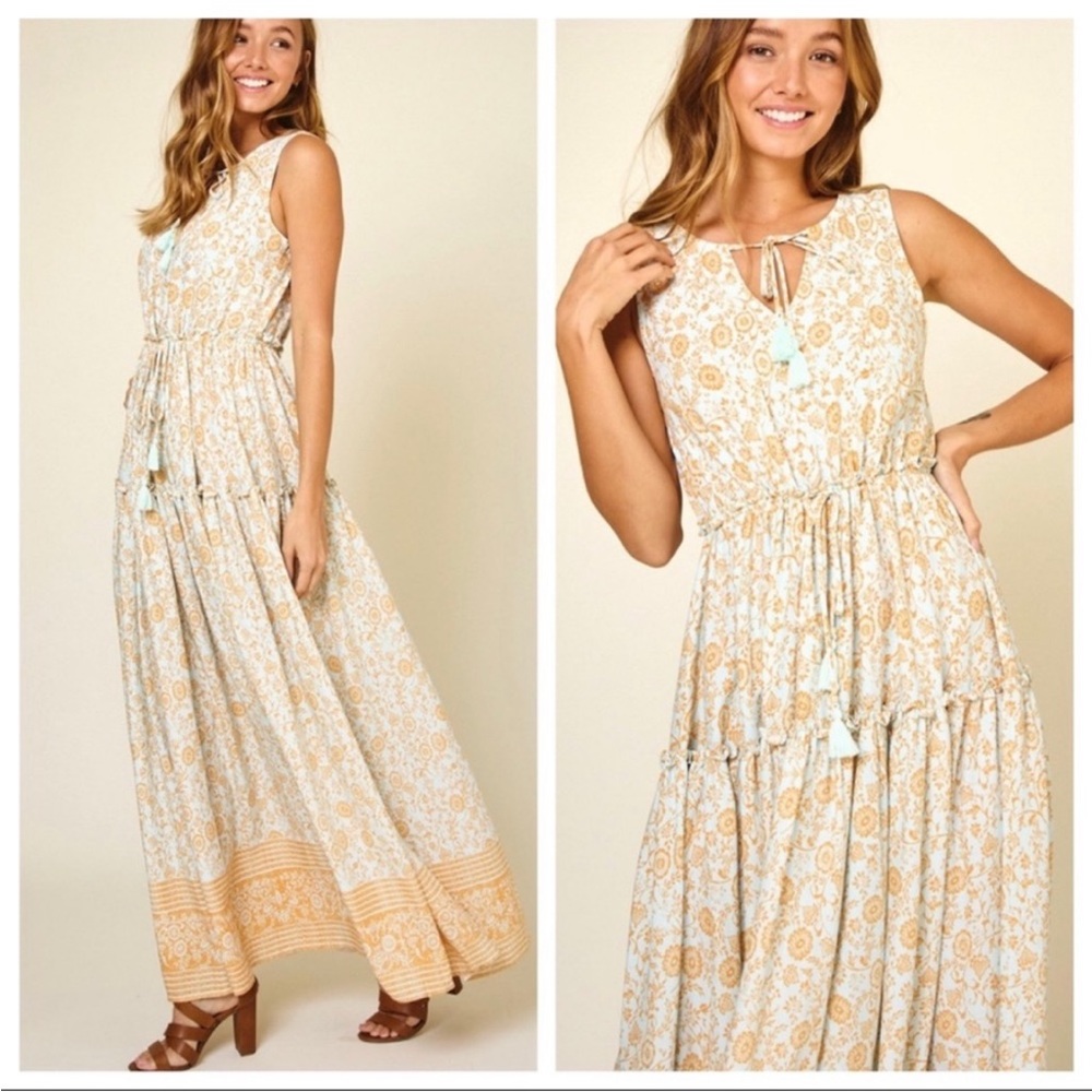 Floral boho maxi dress with tie tassels